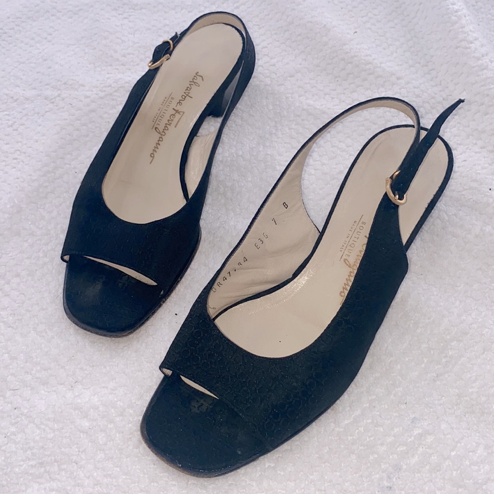 Salvatore Ferragamo Black Peep Toe Block Heel Slingback Size 7